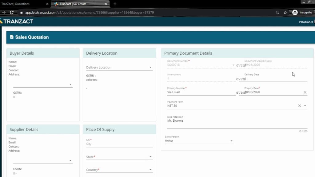 How to amend quotations in TranZact?
