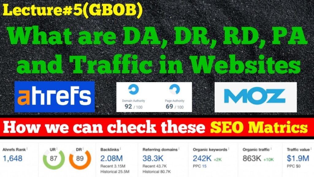 What are DA,PA,RD,DR,WA and Traffic in websites|What are SEO Metrics in GBOB|What is GBOB|Lecture#5